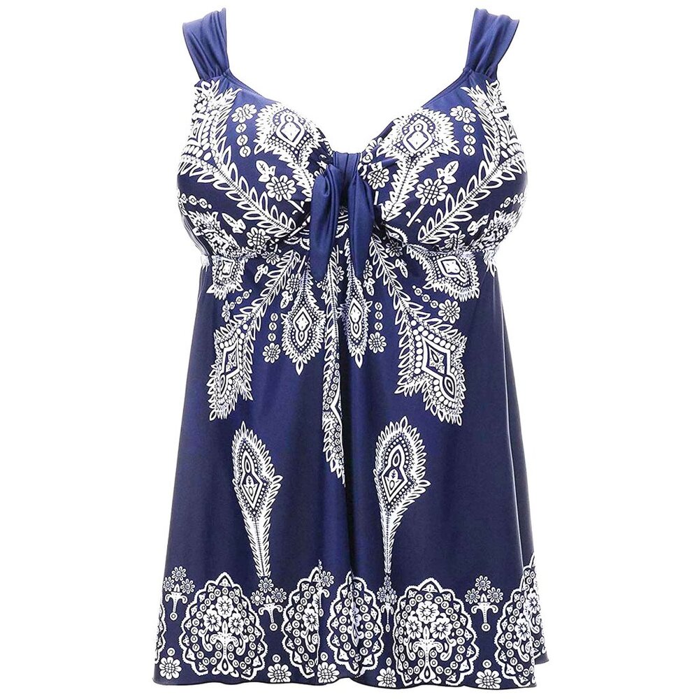 Plus Navy Blue Paisley Print 2Pc Swimdress Set Wide Strap Women Size 26 Swimwear - Picture 3 of 12